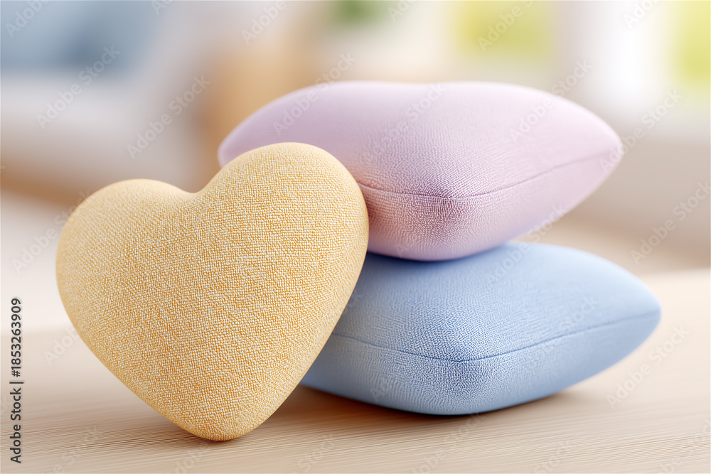 Obraz premium Soft gold heart ornament beside pastel heart boxes on a bright table, cozy minimal still life. Tender love theme for Valentine, family moments, gifting, and lifestyle branding.