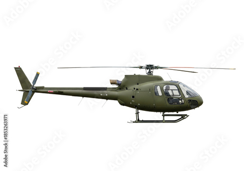 Military light utility helicopter in olive drab color, isolated on transparent background