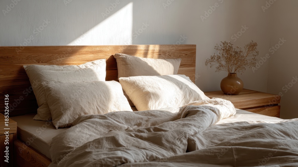 Obraz premium Minimalist bedroom with wooden furniture and neutral-toned bedding, emphasizing clean lines, natural textures, and calm interior design. 