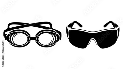 A pair of round glasses and a pair of wayfarer sunglasses shown in black