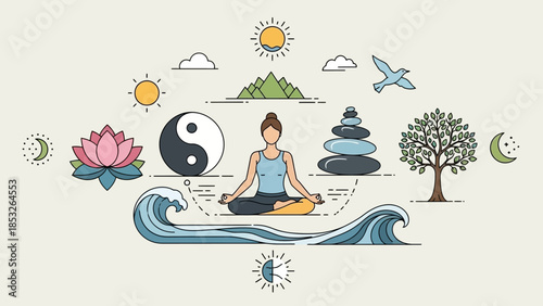 A serene illustration depicting yoga meditation and elements of nature and balance