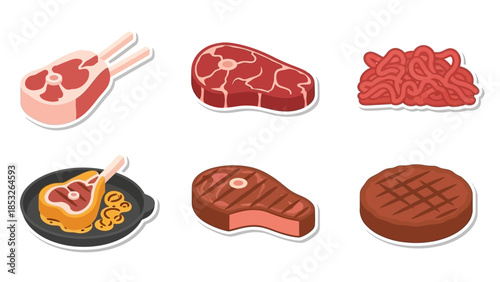 Various cuts of red meat and cooking preparations are displayed