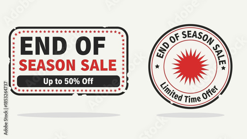 End of season sale promotion with red and white design elements
