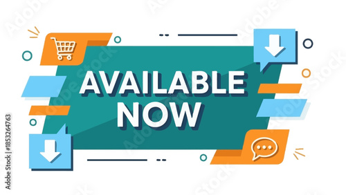 Colorful banner announces products are available now with shopping and download icons