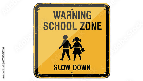 A yellow warning sign indicating a school zone and urging drivers to slow down