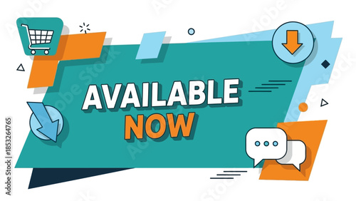 Colorful advertising banner proclaiming available now with shopping and download icons