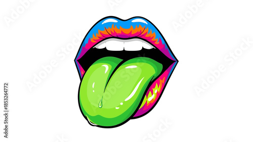 Colorful pop art illustration of open lips with an extended tongue