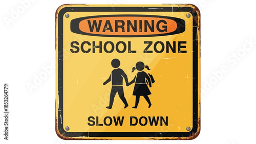 Yellow school zone warning sign with children silhouettes and slow down text