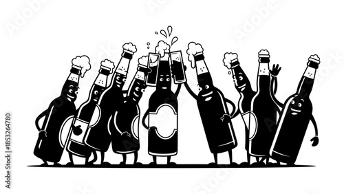 A cheerful gathering of anthropomorphic beer bottles toasting together