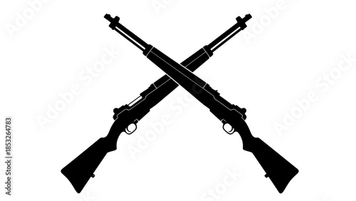 Two crossed rifles depicted in a stark black and white silhouette style