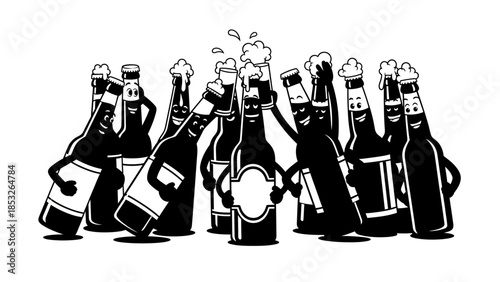 A joyful line of beer bottles celebrating with bubbly foam and cheer