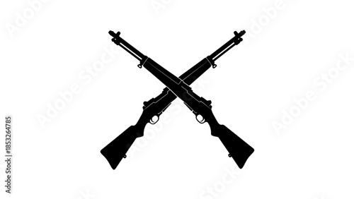 Two crossed rifles displayed in a stark black and white silhouette