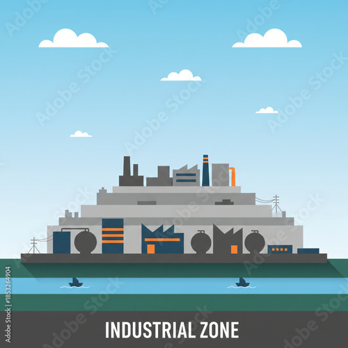 Flat Vector Illustration of an Industrial Zone Power Plant and Manufacturing Factory with Chimneys and Storage Tanks by a River under a Clear Blue Sky