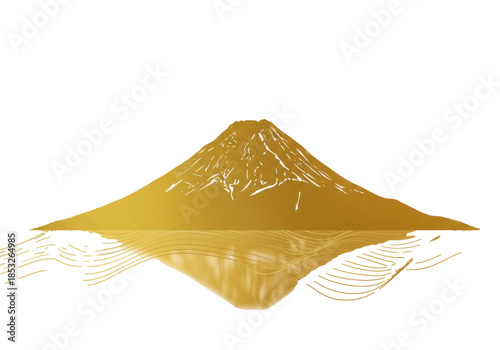 A minimalist vector graphic of iconic mount fuji's silhouette filled with seamless reflective gold gradient, centered on a transparent background with abstract golden monoline waves, modern