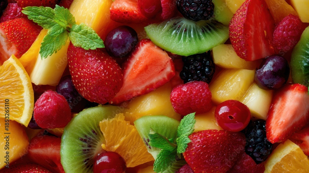 Obraz premium A bowl contains a mix of different types of fruits. Red strawberries green kiwi yellow melon and dark berries are combined with mint leaves for freshness.