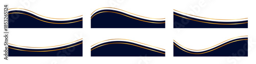 Set of six elegant horizontal footers featuring flowing navy blue waves accented with thin gold gradient lines