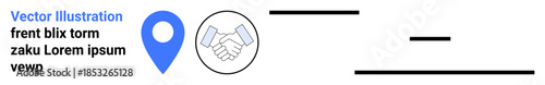 Collaboration, teamwork, business networks, location tracking, agreement, communication. Handshake inside a circle and a pin symbol on a clear layout design. Collaboration and business networks