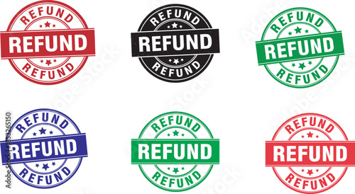 Pair of bold circular refund emblems with a vintage stamp look set vector art, editable stroke 