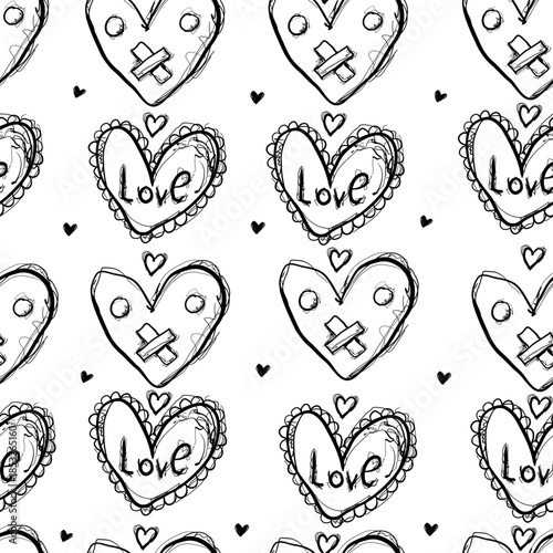 Pattern of simple hearts with the word love drawn in black ink on a white background, showing various heart designs and decorations