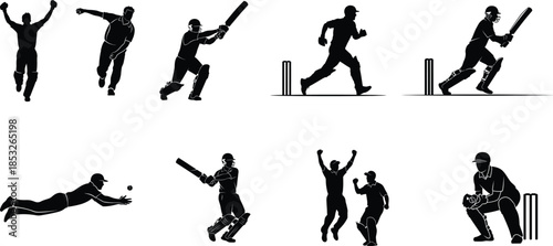 A set Of Cricket player silhouette Vector in various poses