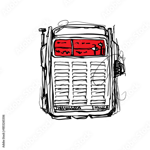 Hand-drawn sketch of a vintage cash register with red and black details on a plain background