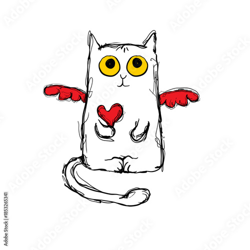 Cute cartoon cat with wings holding a red heart in its paws designed in a simple art style