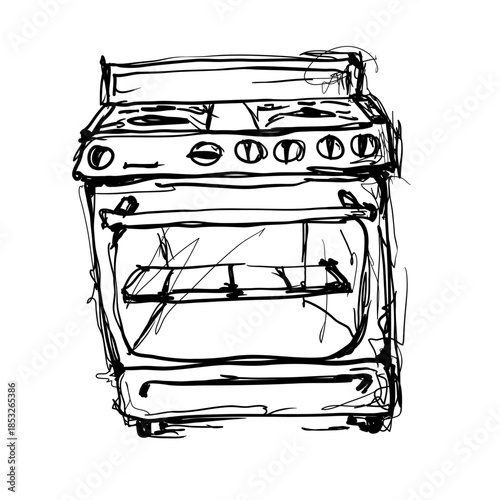Sketch of a simple kitchen stove with burners and oven door open to show the interior