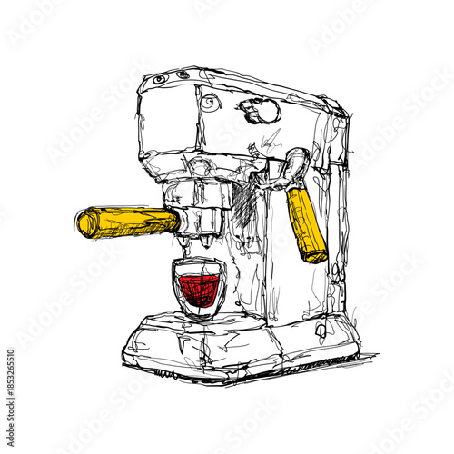 Coffee machine prepares a shot of espresso with red cup below during morning routine in a kitchen