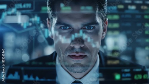 Close up of a Focused Stock Trader Analyzing Real Time Financial Data on a Futuristic Holographic Display