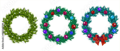 Colorful set of Christmas wreaths. Round wreaths made of green fir tree decorated with red bow and Christmas balls. Glowing Christmas lights. Holiday Pinaceae garlands. Christmas decor. Happy Christma