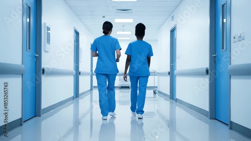 Two female nurses in blue scrubs walking together down a bright, modern hospital corridor away from the camera.
