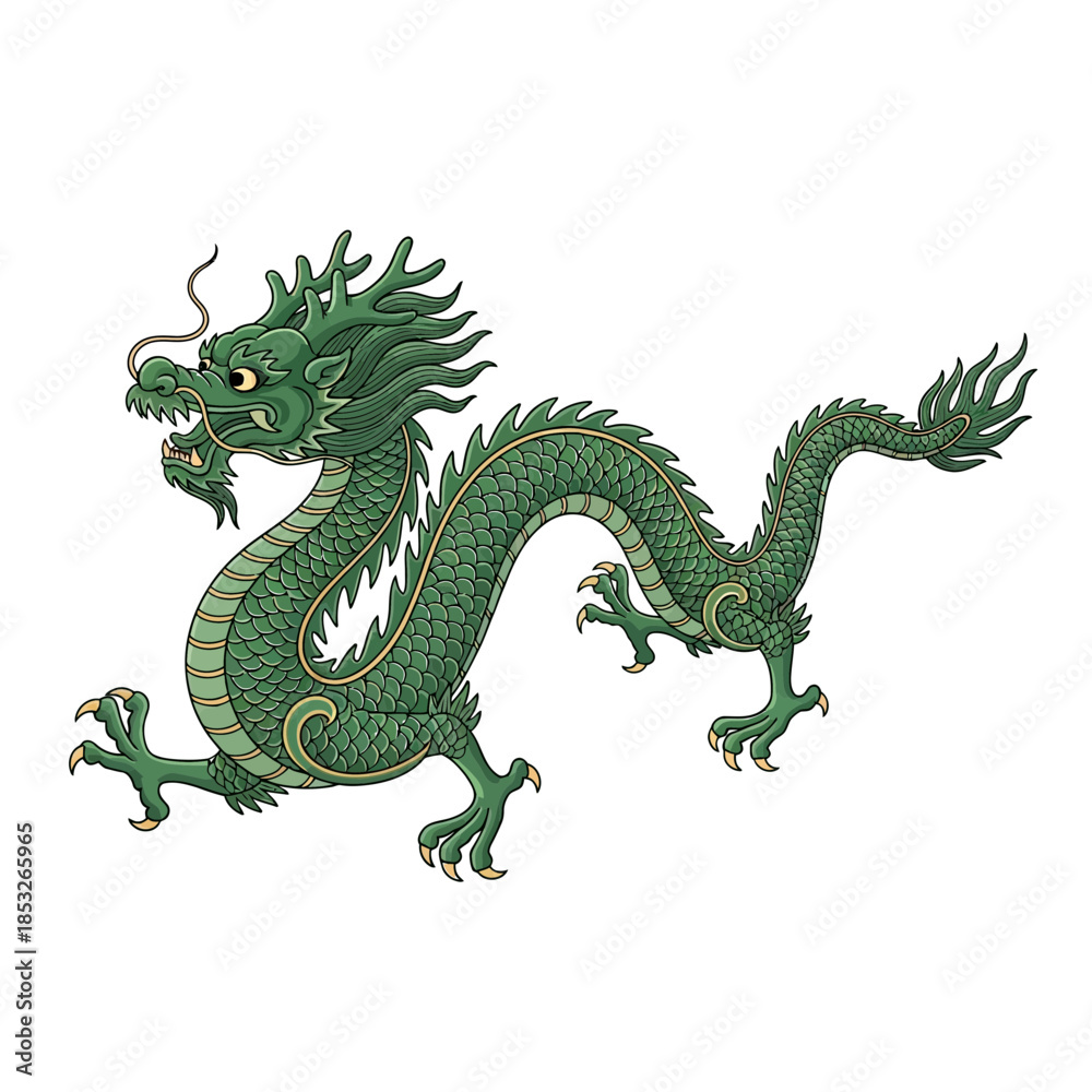 Obraz premium Green dragon illustration isolated on white background mythical creature traditional art.