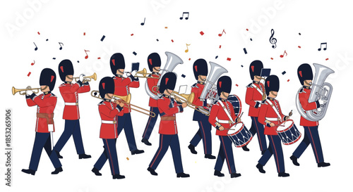 Cartoon band in red uniforms playing instruments with musical notes above them.
