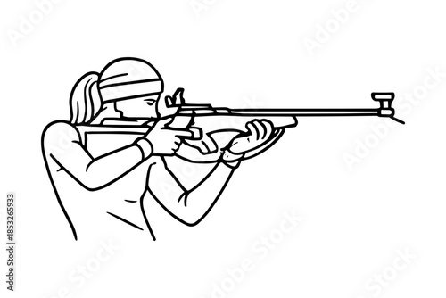 Female biathlete aiming with rifle during winter shooting event. Precision sport, shooting training and cold season competition concept. Vector illustration.