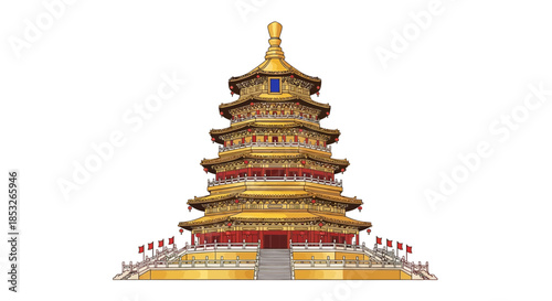 Golden pagoda building with multiple tiers and red accents on a white background.
