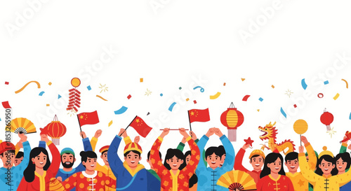 Crowd of people celebrating with flags lanterns and confetti illustration.