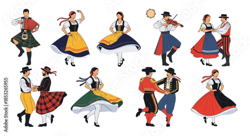 Group of people in traditional costumes dancing and playing music on white background.