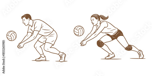 Male and female volleyball players performing dig technique. Indoor team sport, training and defensive action concept. Vector illustration.