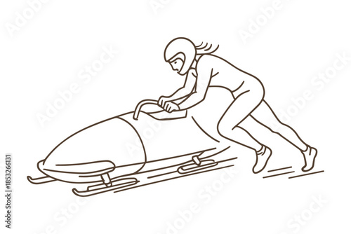 Female athlete pushing bobsled at the start of an ice track race. Winter sliding sport emphasizing speed, power, and teamwork. Vector illustration.