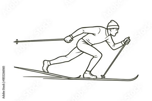 Cross-country skier gliding through snowy terrain using ski poles and skis. Endurance-focused winter sport emphasizing stamina and technique. Vector illustration.