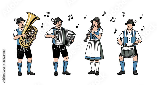 Four people in traditional clothing play musical instruments with music notes around.