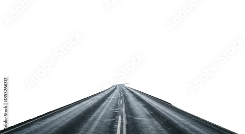 Photorealistic cinematic shot of a glossy, winding asphalt road and sharp tire tracks cutting through desolate, snow-covered rolling hills under an arctic white sky. Concept of isolation and winter