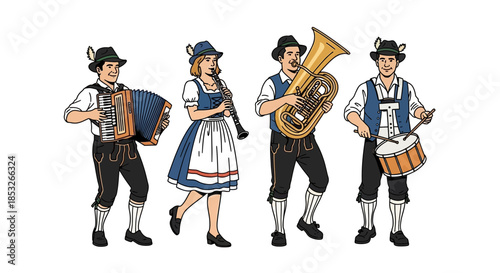 Four musicians in traditional bavarian clothing playing instruments on a white background.