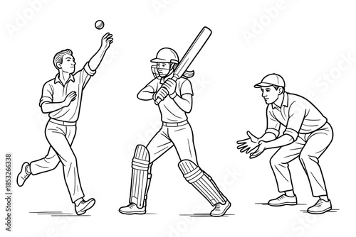 Cricket players in action: a bowler delivering the ball, a batter preparing to strike, and a fielder ready to catch. Team sport played with bat and ball. Vector illustration.