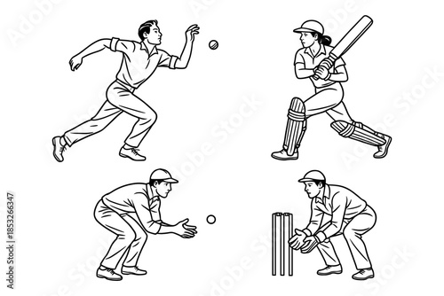 Cricket players in different roles: bowler, batter, fielder, and wicketkeeper. Dynamic team sport with bat, ball, and stumps. Vector illustration.