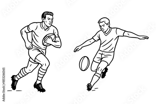 Two rugby players in action — one running with the ball, the other kicking. Intense contact sport emphasizing strength, speed, and strategy. Vector illustration.