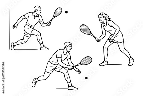 Three squash players in action — two men and one woman hitting the ball with rackets on an indoor court. Fast-paced racket sport. Vector illustration.