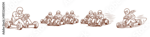 Illustration of a group of go-kart racers in action. Multiple drivers wearing helmets are shown racing in small go-karts, with dynamic lines indicating speed and motion.