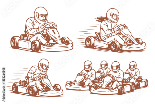 Vector illustration set of go-kart racers in action. Includes individual and group scenes of drivers in helmets racing around a track with speed lines emphasizing motion.