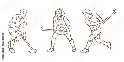 Vector illustration of three field hockey players. Depicts a male player dribbling the ball, a female player in a defensive stance, and another male player swinging the stick.